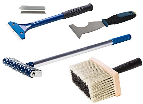 ASKON Tapetenentferner-Set - Tapetenablöse-Set - Tapezier-Set - 5teilig - Igelwalze - Tapentenschaber - Ersatzklingen - Kleisterbürste - Werkzeuge - Farbe gemischt