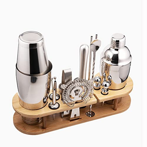 Juego de coctelera con soporte de bambú, coctelera de 17 piezas, accesorios de bar, coctelera Boston de acero inoxidable, kit de bar profesional para mezclar bebidas, plateado