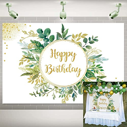 Greenery Happy Birthday Backdrop Kids Baby Shower Photo Party Background Gold Glitters Eucalyptus Green Leaves Decoration Banner Cake Table Dessert Table Supplies (2,1 x 1,5 m)