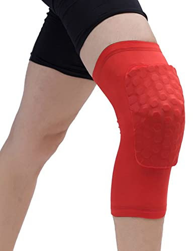LTLCLZ 1Pcs Honeycomb Knee Pads Basketball Sport Kneepad Volleyball Knee Protector Brace Support Football Compression Leg Sleeves,Red,L
