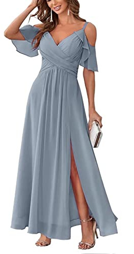HYEC7 Women's Off Shoulder Chiffon Bridesmaid Dress Long A Line V Neck Slit Formal Evening Dresses for Junior Dusty Blue
