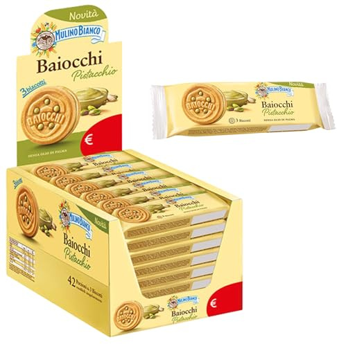 Mulino Bianco Baiocchi Pistacchio Confezione da 42 Snack T3 Biscotto Ripieno con Crema al Pistacchio