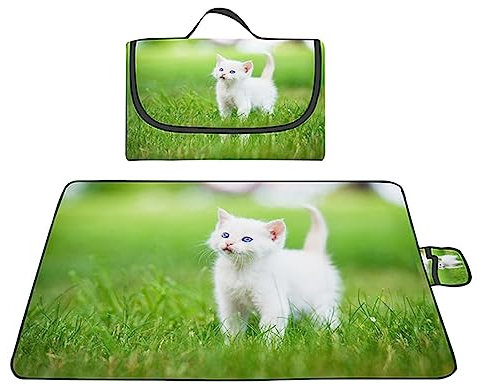 Yoonqun Picknickdecke Wasserdicht 300x200cm,Groß Outdoor Faltbare Picnic Blanket mit Tragegriff,Picnic Decke Waschbar für Camping,Picknick,Wandern,BBQ,Reisen Campingdecke,Grünes Gras Katze