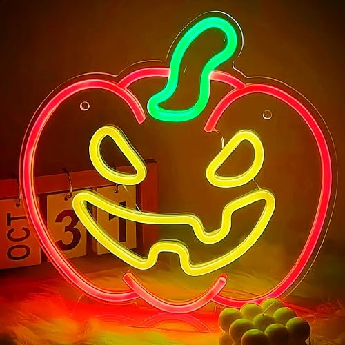 Gaoxun Halloween Deko, Halloween Neon Schild mit USB-betrieben, 30x30cm Orange Kürbis LED Neonlicht für Wanddekoration, Beleuchtung für Halloween, Veranda, Fenster, Raum, Party Deko