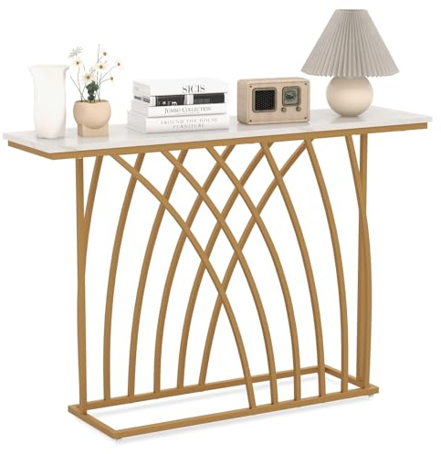 LIFEZEAL Tavolo Console Moderno, Effetto Marmo, Tavolo d’Ingresso, Telaio in Metallo, Piedini Regolabili, Salvaspazio, Corridoio, Soggiorno, Entrata, Max 20kg, 120x30x80cm, Oro
