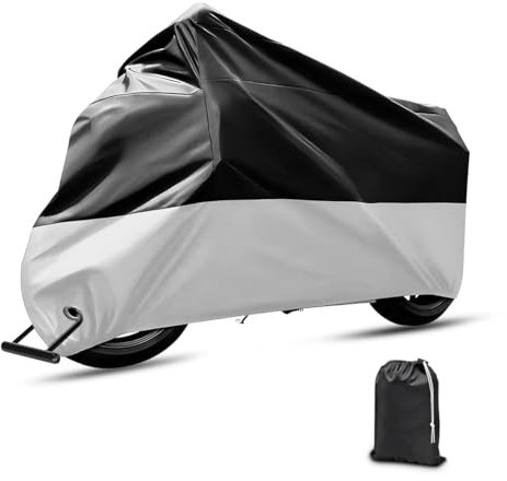 JNNJ Copertura Moto Impermeabile, Universale Impermeabile Moto Telone Copertura, Moto Scooter Anti-Uv Polvere per Esterni, Poliestere Copertura Resistente Polvere per Scooter Motocross(Nero/Argento)