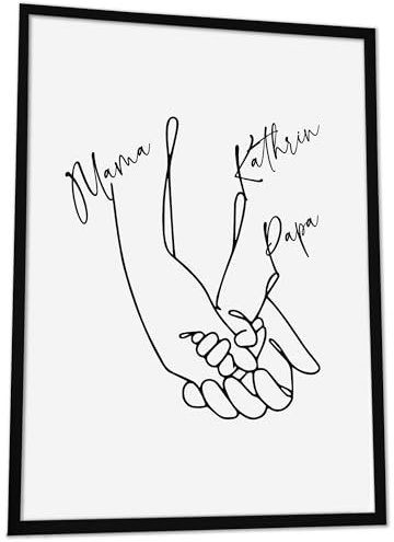 JUHMI Bild Familie Personalisiert mit Namen One Line Art, DIN A5 (15x21 cm) Rahmen wählbar, personalisierte Geschenke zum Einzug Hausbau Wohnung Einzugsgeschenk Deko Flur Bilder, 3 Köpfige Familie