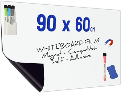 Minadax Film pour tableau blanc 90 x 60 cm | Adhésif magnétique | Peut être coupé à la taille souhaitée + stylos avec support + essuie-glace