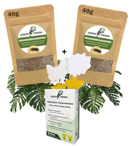 GreenPanda Bio Trauermückenfrei - 2in1 Mittel gegen Trauermücken | Effektiv Larven in Erde & Trauermücken bekämpfen - 2x 40g Anti-Larven Pulversubstrat + 30 Gelbsticker (Set-3tlg.)