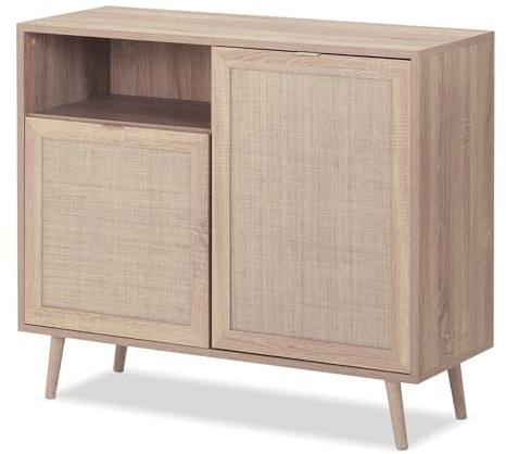 KHG Kommode hell-braun mit 2 Türen modern Eiche-Optik, Tür, für Stauraum | Sideboard aus Holzwerkstoff Rattan-Optik, Gestell aus Massivholz, 101x87x40 cm, vielseitig kombinierbar
