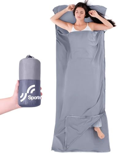 Sportneer Hüttenschlafsack – 2 in1 Hüttenschlafsack Reise-Schlafsack (450 g), Schlafsack Inlett mit durchgängigem Reißverschluss& Kissen Fach, Ideal für Backpacking, Hostels und Berghütten- 220* 90cm