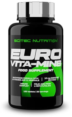 Scitec Nutrition Euro Vita-Mins, formula multivitaminica e minerale ad alta potenza con vitamina C, B2, zinco, selenio e CoQ10, per rafforzare l'immunità, l'energia e la vitalità, 120 compresse