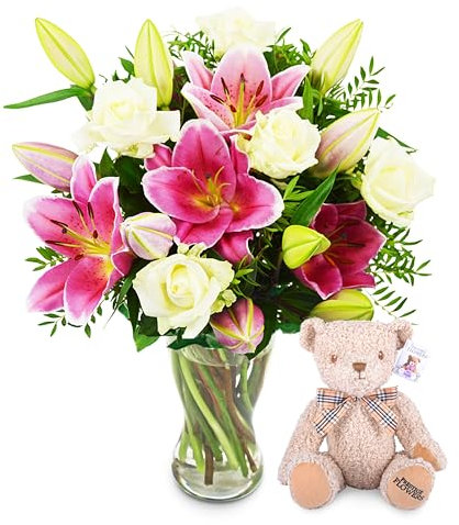 Sensacionales Lirios Rosas con Oso - Ramo de Flores – Regalo Floral de Flores Frescas para Cumpleaños o Día de la Madre – Arreglo de Lujo con Entrega al Día Siguiente – Sorpresa Elegante para Ella