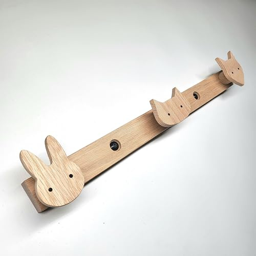 ScandiHooks Kinder Garderobe aus massivem Eichenholz, Wald-Tiere, Wandgarderobe, Hakenleiste, Bilderleiste, Kinderzimmer, Flur Eingang, Hase, Kaninchen, Fuchs, Katze