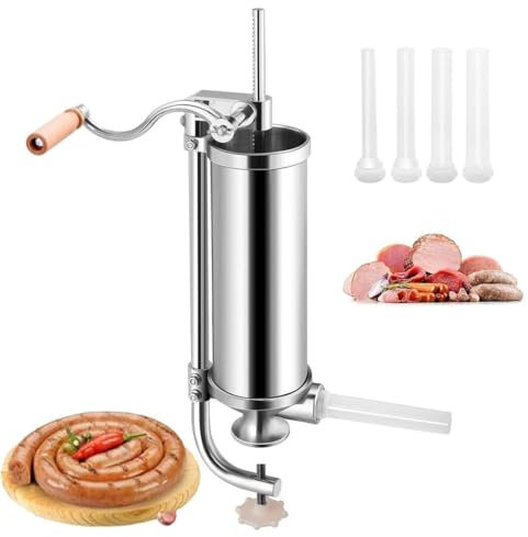 3L Commercial Sausage Stuffer Machine, Vertical Manual Meat Stuffing Filler with 4 Filling Tubes, Suction Base and Manual Crank