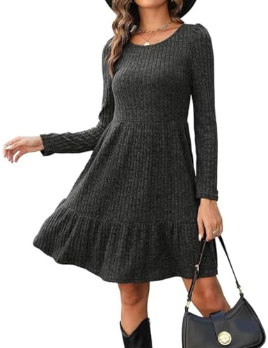 ABINGOO Damen Langarm Pulloverkleid Rundhals A-Linie Freizeitkleid Elegant Langarmkleid Herbst Winterkleid Einfarbige Lässiges Tunikakleid(Grau,L)