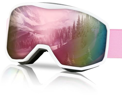 NewBEP Skidglasögon – UV-skydd anti-dimma utomhus skidglasögon – OTG snöskidglasögon för män kvinnor ungdomar (vit ram – rosa lins)