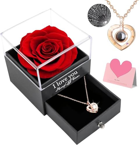 Ranedo Forever Rose Preserved Eternal Rose Flower Gift Box with I Love You Necklace in 100 Languages for Her Women Mum Wife Girlfriend for Valentine's Day Mother's Day Christmas Anniversary