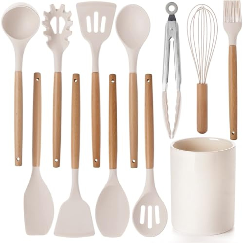 Juego de 12 utensilios de cocina de silicona con mango de madera, resistentes al calor, antiadherentes, espátula, cuchara con cubo de almacenamiento para el hogar, camping, apto para lavavajillas