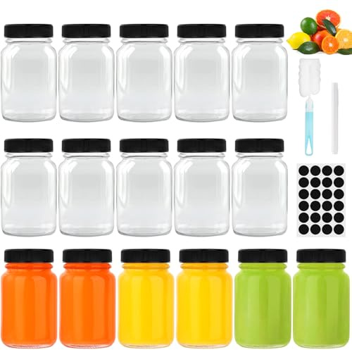 FoiiLiio 16 botellas de cristal mini shot, 60 ml, reutilizables, con tapa negra, vasos de chupito de boca ancha, transparentes, a prueba de fugas, ideales para jengibre, spa y viajes