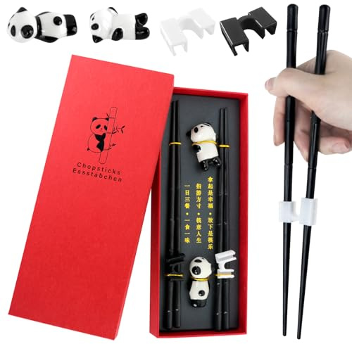 Zouboto Chinesisches Stäbchen-Set,2 Paar Bambus-Form Essstäbchen mit 2 Panda-Stäbchenhalter and 2 Stk Esstäbchen Helfer Rutschfeste Stäbchen zum Essen Wiederverwendbare Essstäbchen Spülmaschinenfest