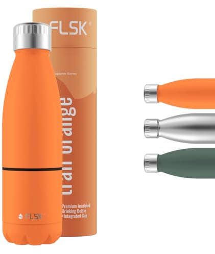 FLSK Trinkflasche mit Becher – Premium Edelstahl Thermosflasche mit 2-in-1-System – 100 % auslaufsicher & kohlensäuregeeignet – hält 24 h kalt & 18 h heiß – BPA-frei (trail orange)