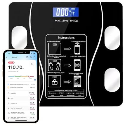 Bilancia Pesapersone Digitale Bluetooth Professionale, Display LCD, Analisi Composizione Corporea, Capacità 180kg, Nero