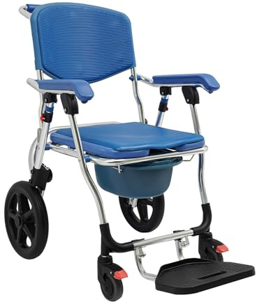 Faltbar Toilettenstuhl mit Rollen, Dusch-Toiletten-Rollstuhl für kranke, ältere, behinderte Toilettenstuhl, Duschrollstuhl mit Armlehnen und Rückenlehne, Max. Tragfähigkeit 125kg