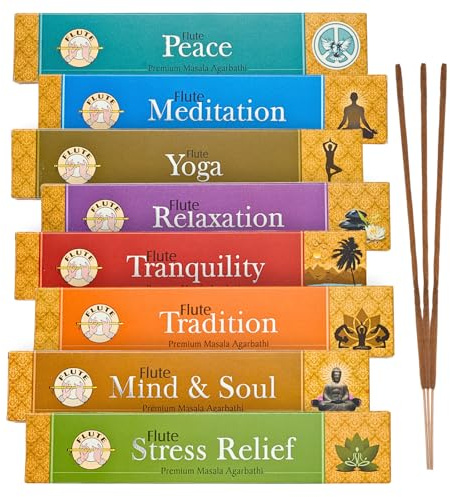 Flute Indische Räucherstäbchen Set - 8 Düfte Masala Agarbatti, 100% natürliche Räuchersticks, Meditation, Yoga, Weihrauch Räucherwerk, natürliche Zutaten