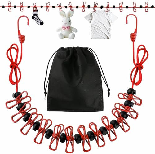 Cuerda Tendedero Exterior, Cuerda Tender Ropa Exterior con 12 Pinzas y Bolsa de Almacenamiento, Portátil Cuerda para Tender Ropa Exterior para Exterior, Jardín, Viajes, Secado al Aire Libre