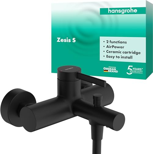 hansgrohe Zesis S - Badewannenarmatur Aufputz für 2 Verbraucher, Mischbatterie Badewanne mit Auslauf Länge 17,5 cm, Einhebelmischer Wanne, Mattschwarz, 74420670