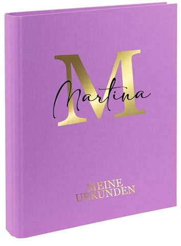 AWASG Urkundenmappe Kinder - Personalisiert mit Namen - Dokumentenmappe Ringbuch für Mädchen Jungen - Zeugnisordner Leinen zum Einsortieren von Urkunden (lila)