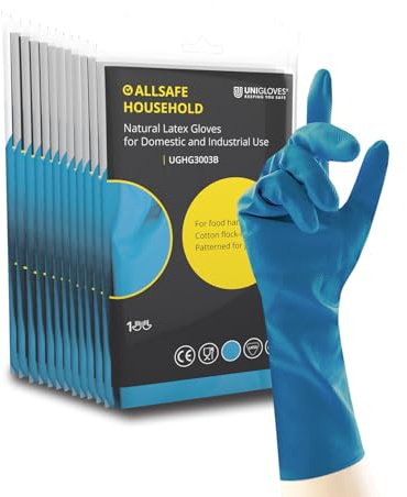 UNIGLOVES Allsafe Household Blue - Latex Reusable Household Gloves for Cleaning, Washing up and Food Processing - 12 Pairs - Size XL