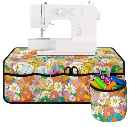 Buxolandt Bohemian Hippie Floral Sewing Machine Mat for Table Household Foldable Waterproof Sewing Machine Pad Organizer for Accessories Supplies with 4 Pockets Home Decor Orange