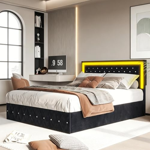 Sängklädsel, 180 x 200 cm, dubbelsäng med LED-belysning, hydraulisk förvaringssäng, ungdomssäng, med huvuddel och ribbotten, sängram för vuxna, sammet (beige, 180 x 200 cm)