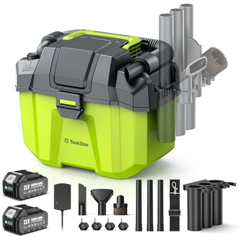 TaskStar Cordless Shop Vac, 2.6 Gal 2x4.0Ah Battery Powered Shop Vac, 3-in-1 Cordless Shop Vacuum Wet and Dry with Strap, 4 Wheels, Accessory Storage Holder, Ideal for Garage, Car, Workshop