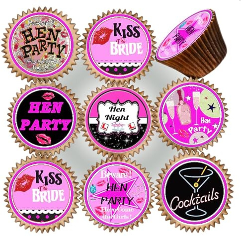30 x PRE CUT HEN PARTY NIGHT BACHELORETTE EDIBLE WAFER CARD RICE PAPER 4.5 cms CUPCAKE TOPPERS DECORATIONS