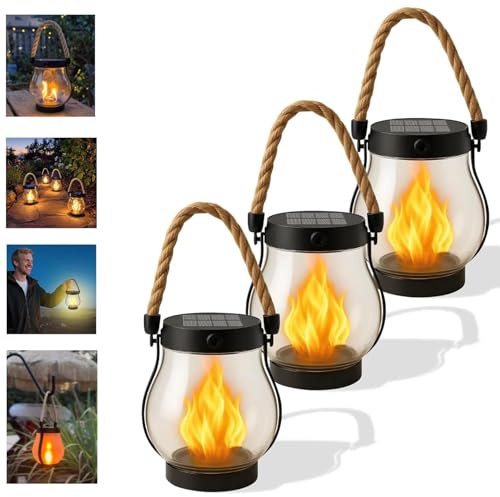 Cytbek Solar Lantern Lights Outdoor - 4pcs Flicking Flame LED, Lanternes suspendues imperméables pour patio, jardin, camping 3pcs