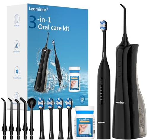 Leominor 3-in-1 Water Flosser & Electric Toothbrush Combo – Cordless Oral Irrigator with 235ml Large Tank,5 Modes, IPX7 Waterproof,Freshening Strips,for Teeth,Gums,Braces,Home & Travel,Black