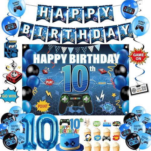 Videospiel Geburtstagsdeko Junge 10 Jahre - 32 StüCk Blau Schwarz Gaming Banner Luftballons Folienballon Zahl 10 Tortendeko Wirbel Deko FüR Spielthemen Geburtstag Party Spiel Kindergeburtstag