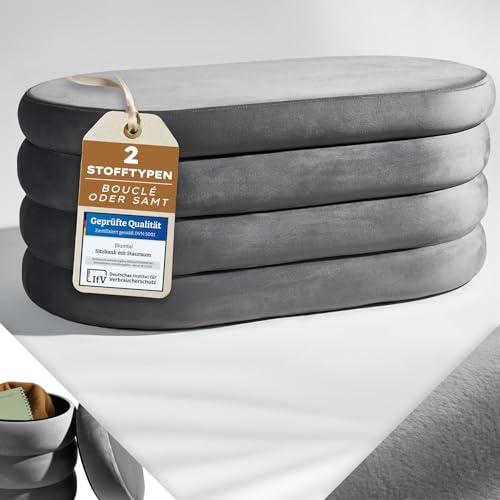 Blumtal Sitzbank mit Stauraum XL oval, Samt-Bezug - robuste Polsterbank mit Stauraum Samtoptik extra weich 110 x 45 x 42.5 cm - Schuhbank - wunderschöner Samt-Look - Ottoman Grau