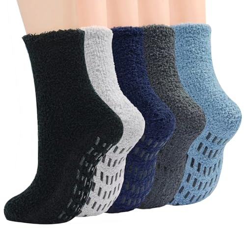 Wemoralix Men's Cozy Thermal Slipper Socks, 5 Pairs Non-Slip Fluffy Socks for Winter Warmth, Fuzzy Ankle Gripper Socks Size 6-10 for Home