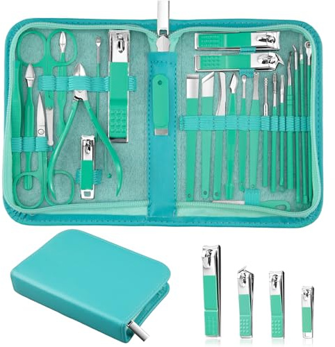 MINKINH Travel Manicure Set 26-Piece, Portable Nail Clippers Kit with PU Case, Carbon Steel Clippers, 410 Stainless Steel Grooming Tools, Hand Foot Facial Care for Luggage Backpack（Green）