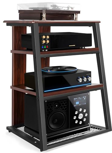 FREEAMG 4-Tier HIFI Stand Record Player Stand, Wooden AV Media Stand, Corner Audio Stand, Heavy Duty Stereo Rack Perfect for DVD Players/Turntable/Game Console/TV Box/Xbox