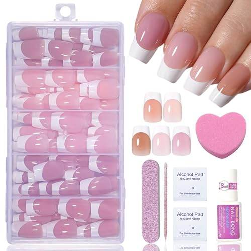 160 Stück Pink Falsche Kunstnägel Zum Aufkleben - Ballerina Mittel French Nails, künstliche fingernägel mit Kleber, weiße Nagelspitzen mit Grundierung - Geeignet für DIY Nageldesign Frauen & Mädchen