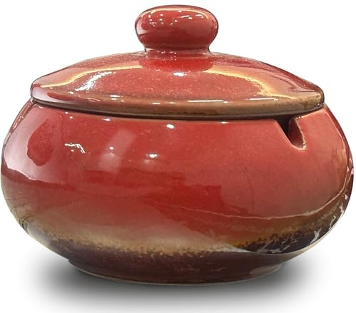 Red Ashtray Windproof with Lid, Indoor Outdoors Smell Proof Ashtrays, Vintage Ceramic Blue Glazed Cracker Glaze Design Apply Decorative Ash Tray for Home & Offic