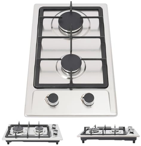 TONFEION Plaque de cuisson à gaz portable 2 feux, 3 kW + 1,75 kW, en acier inoxydable pour camping et camping-car, plan de travail et montage encastré, 51 x 31 x 10 cm, pour gaz naturel et GPL (argent