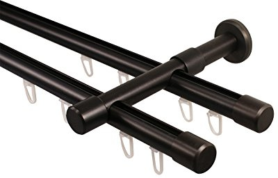 iso-design Gardinenstange Innenlauf 2-läufig schwarz 20 mm Durchmesser, Wandmontage, Gardinenstangenkomplettset aus Metall mit Wandhaltern und Endstück Kappe, 140 cm