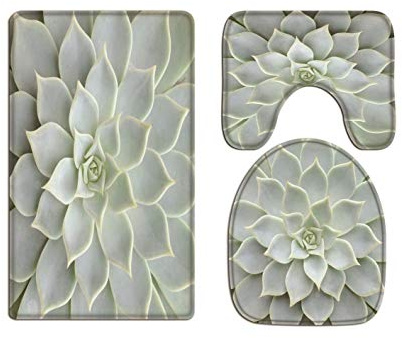 A.Monamour Badezimmer Badematte 3 Teilig Set Weißer Kaktus Sukkulenten Textur Hintergrund Bad Matte Teppich Für Toilettenzubehör Flanell Saugfähig Badteppiche Badvorleger Badgarnitur WC Vorleger