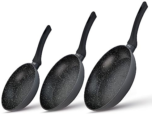 Linnuo 3tlg Pfannenset Induktion, Antihaft Beschichtete Pfanne 28 cm, 24 cm, 20 cm, Bratpfanne Induktion, Pfannen hoher Rand, Edelstahl-Boden, Griff Nicht heiß, Marmor Granit Optik | Frying Pan Set